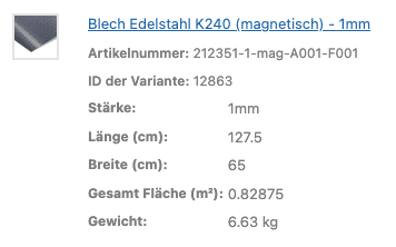 Die Produktdaten zeigen Maße und Eigenschaften eines magnetischen Edelstahlblechs.