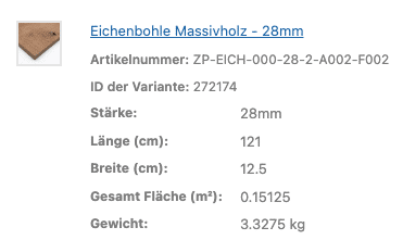 Die Produktdaten beschreiben Maße und Gewicht einer massiven Eichenbohle.