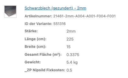 Die Produktübersicht zeigt Maße und Eigenschaften eines zugeschnittenen Schwarzblechs.