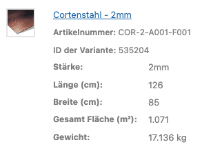 Die Produktdaten beschreiben Maße und Gewicht des zugeschnittenen Cortenstahls.