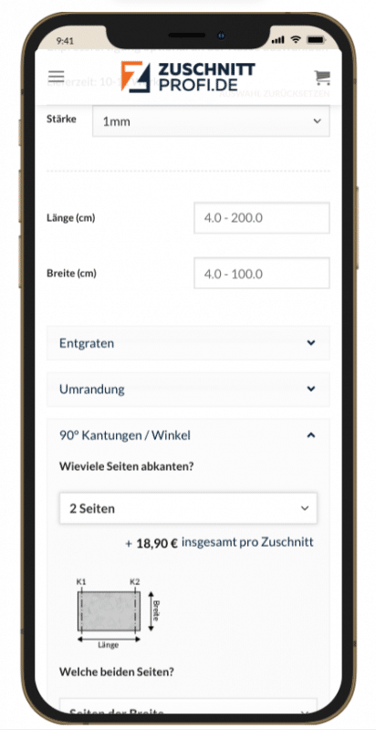 Die Eingabemaske in der mobilen Version zeigt auswählbare Maße und Optionen für Metallzuschnitte.