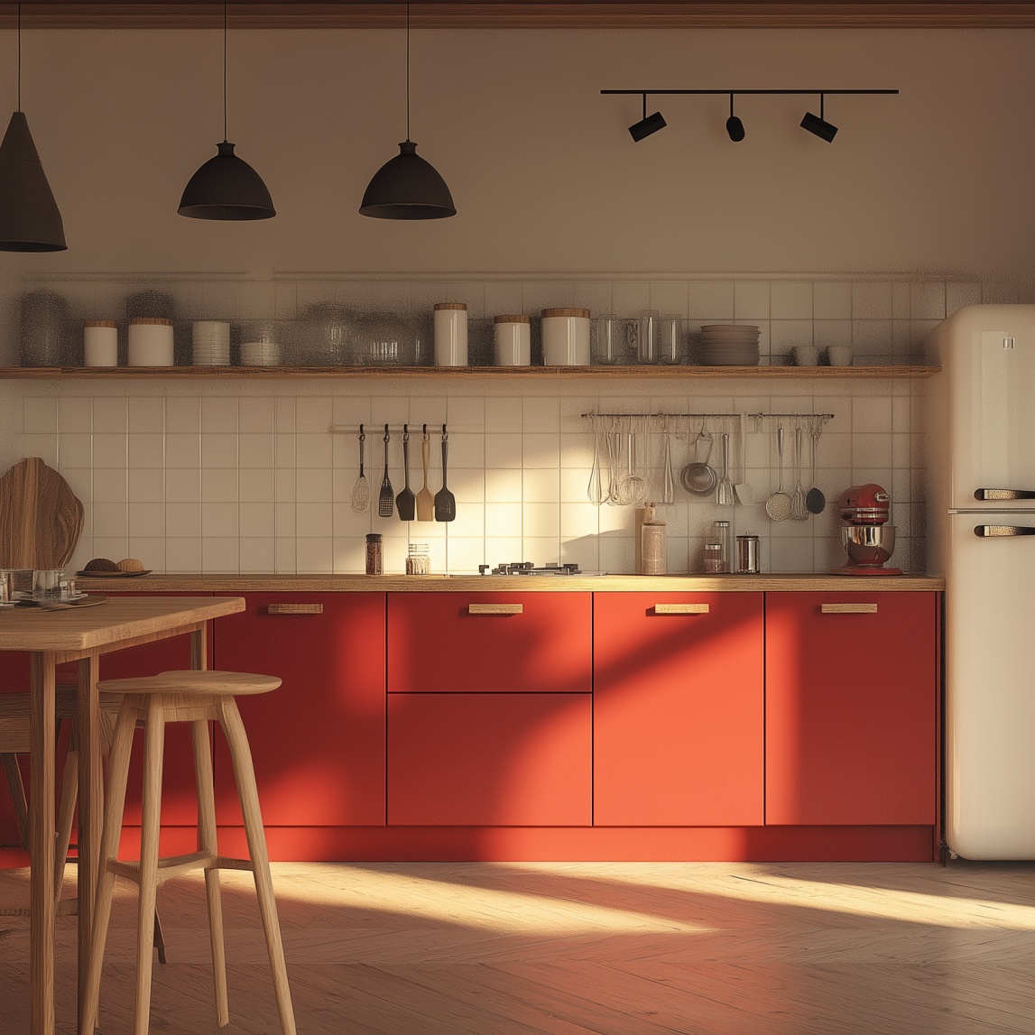 Moderne Küche mit roten Fronten und Holzdetails.