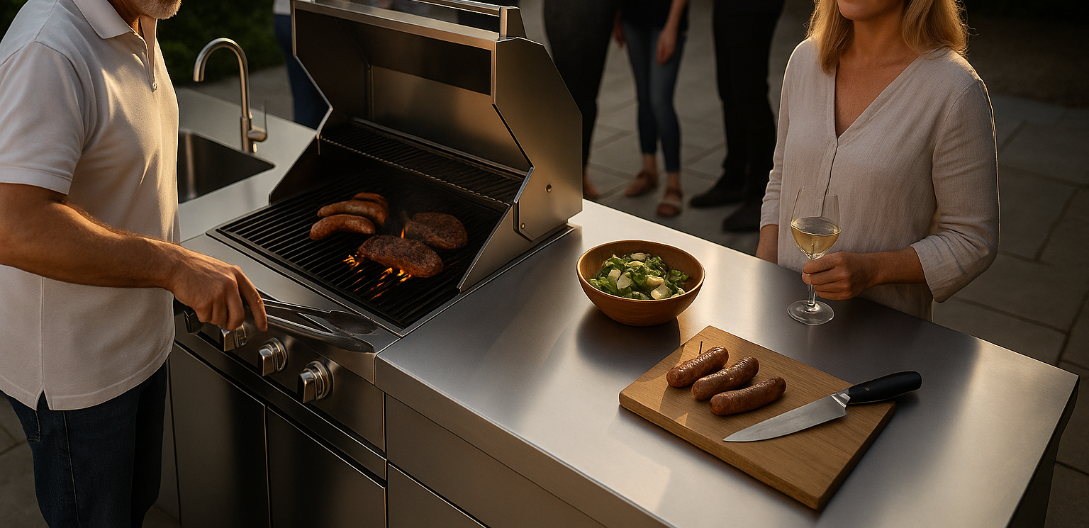 Grillen von Würstchen und Steaks an einer modernen Outdoor-Edelstahl-Küche.