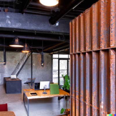 Ein Innenraum eine Cortenstahlwand mit industriellem Arbeitsplatzdesign.