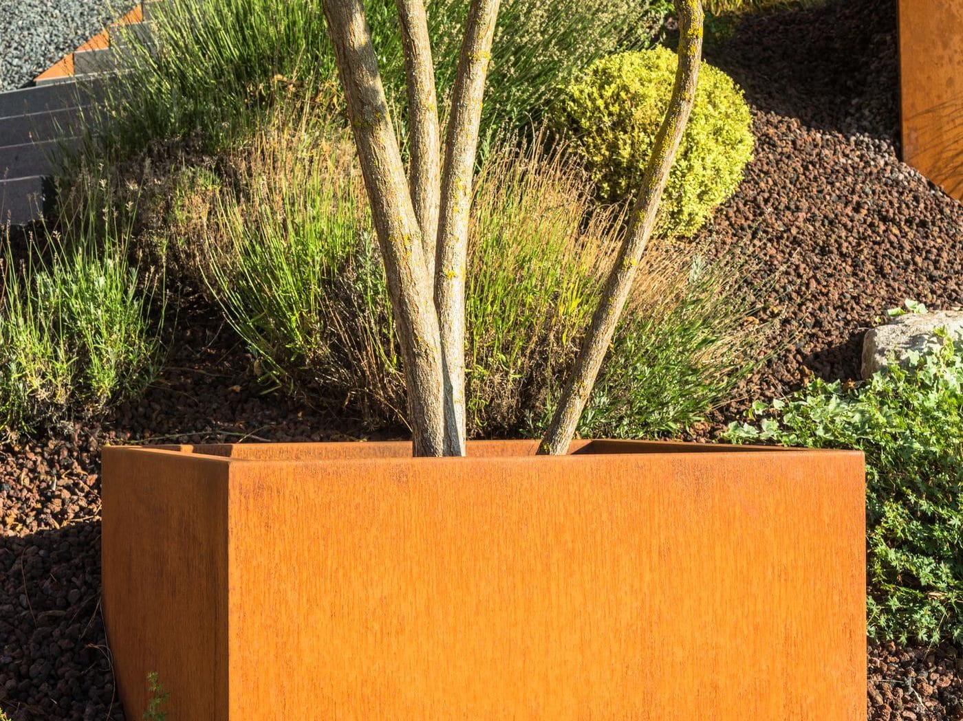 Ein großer Cortenstahl-Pflanzkübel steht vor Sträuchern im Garten.