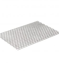Rund gelochtes Metallblech mit regelmäßiger Struktur.