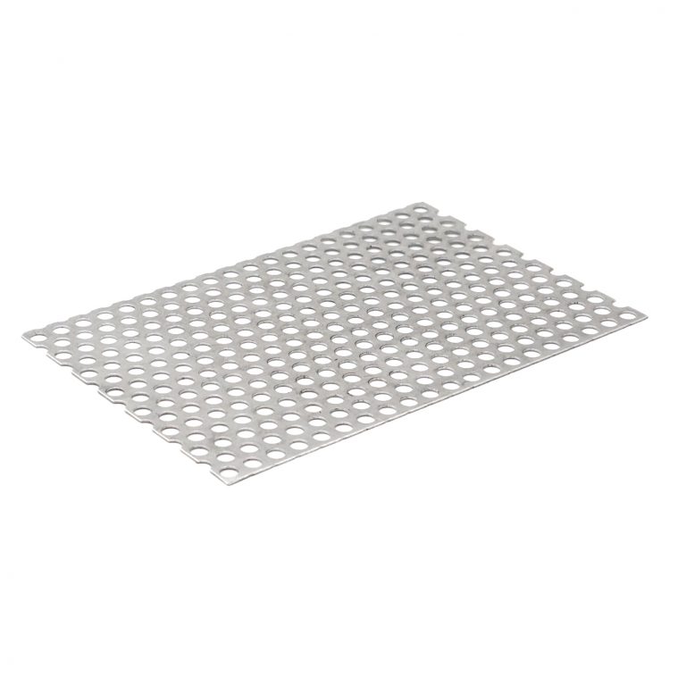Rund gelochtes Metallblech mit regelmäßiger Struktur.