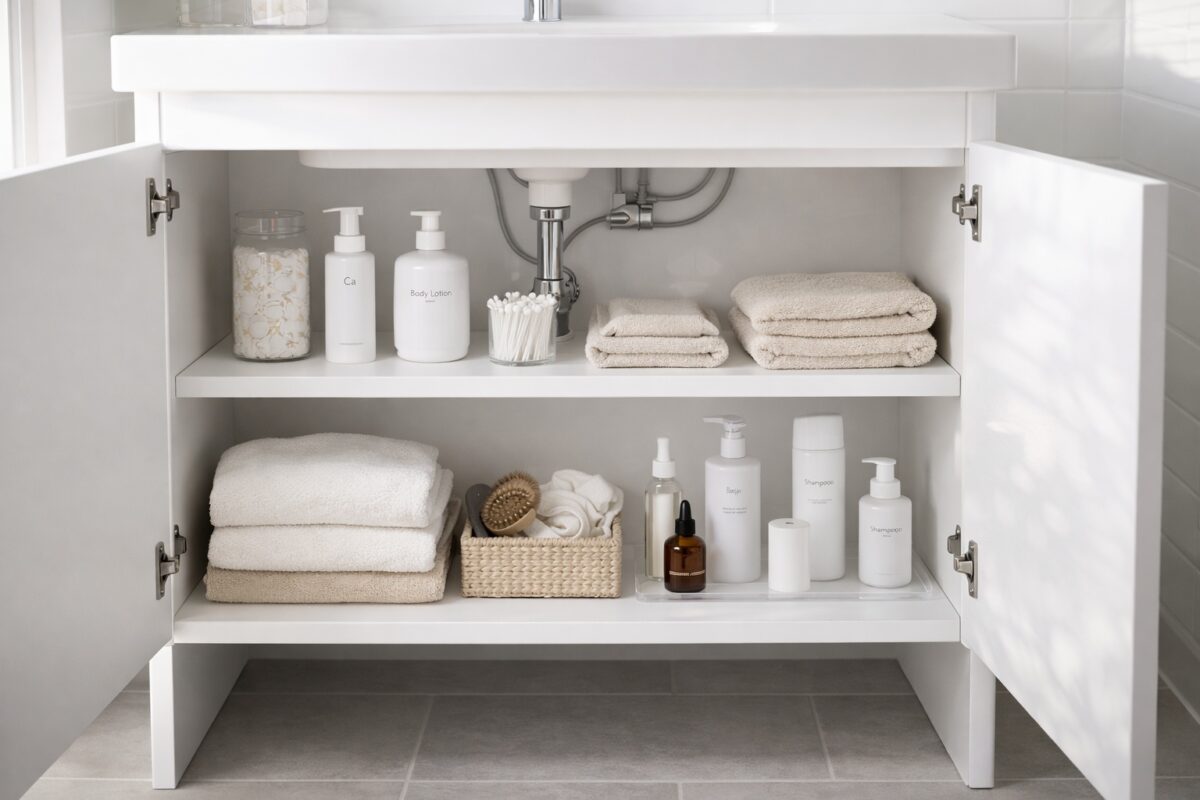Dekor-Einlegeböden strukturieren Pflegeprodukte in einem Badezimmerschrank unter einem Waschbecken.