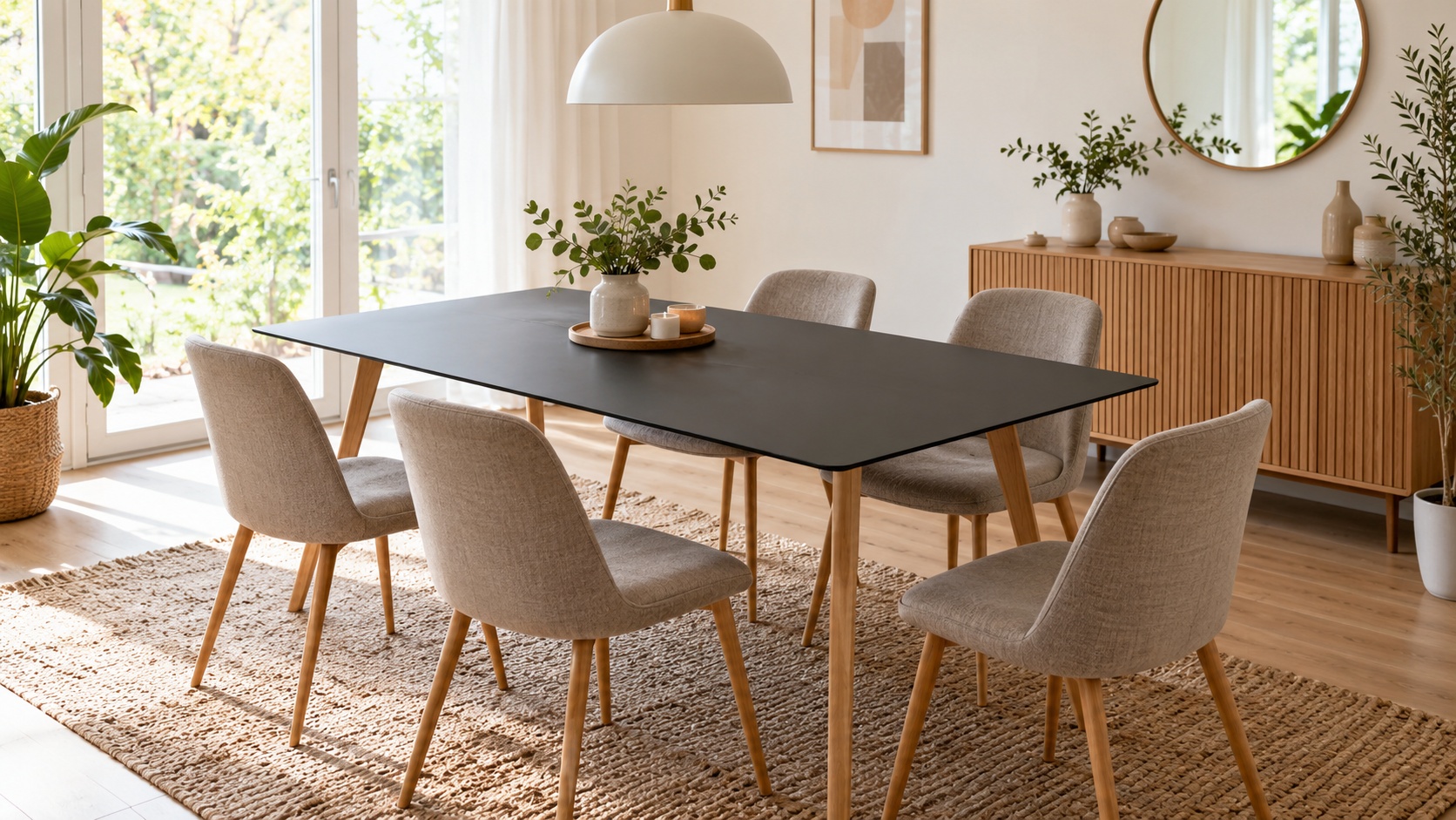 Dekor Tischplatte in Dunkelgrau mit Holzbeinen, sechs Polsterstühlen, Pflanzen und Sideboard im hellen Esszimmer.