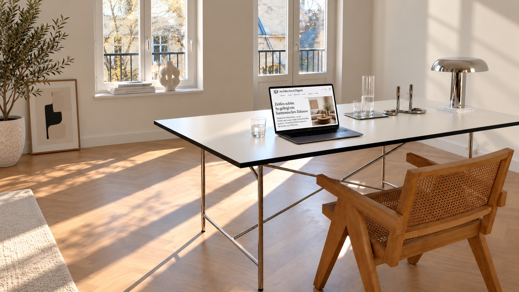 Ein weißer Schreibtisch mit schwarzer Kontrastkante und Metallgestell steht in einem hellen Raum mit Laptop und Holzstuhl.