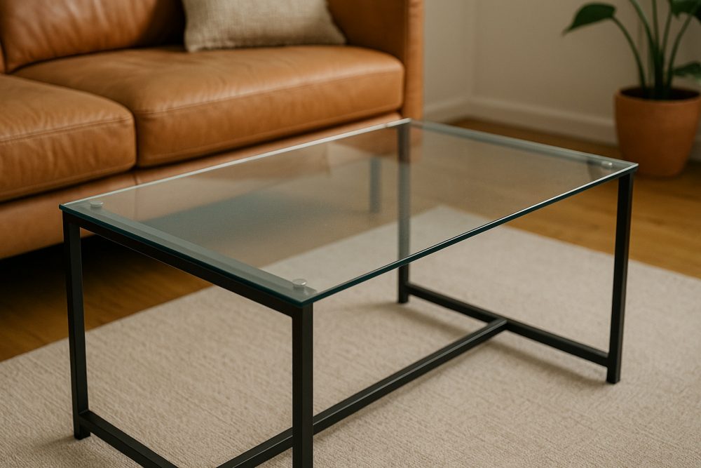 DIY-Couchtisch im Industrial-Style mit ESG-Glas und Stahl.