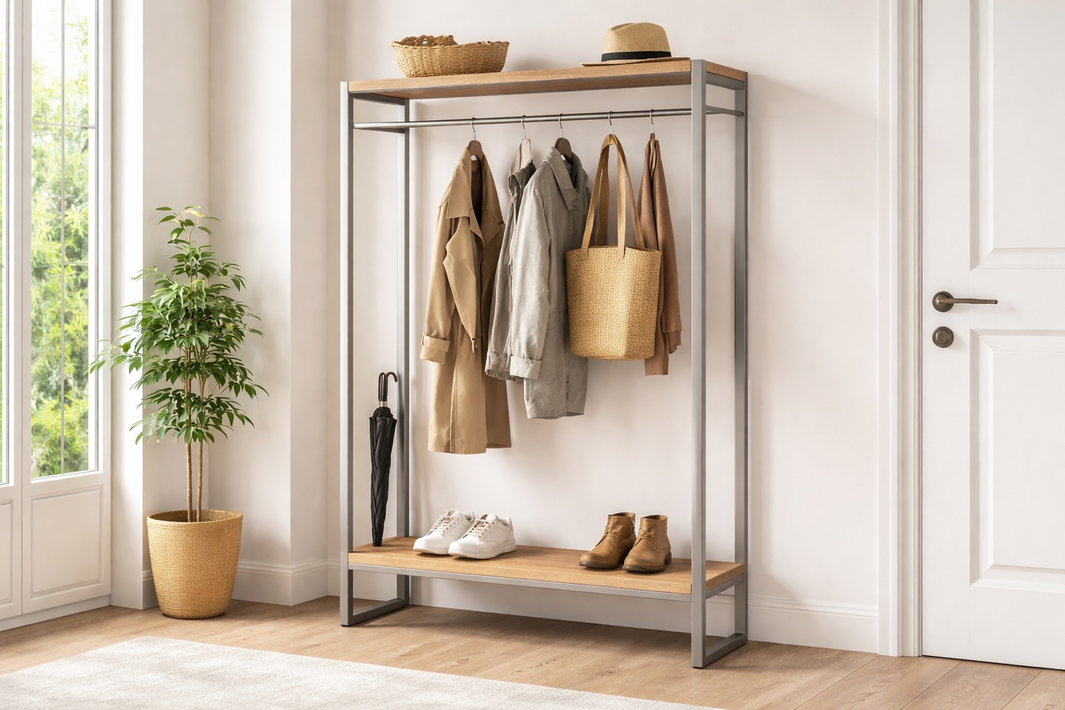 Eine Garderobe aus Edelstahlprofilen steht in einem hellen Flur.