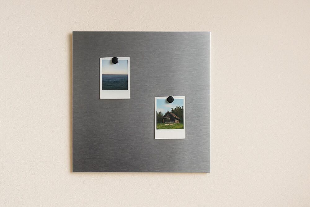Magnettafel aus gebürstetem Edelstahl mit zwei Fotos an heller Wand.