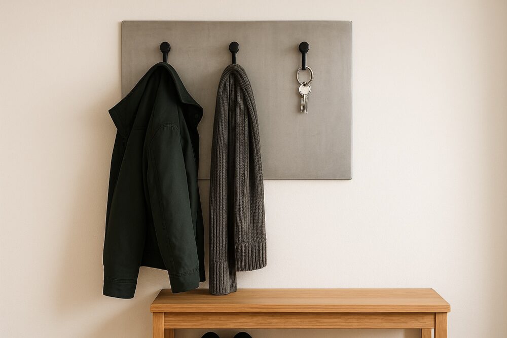 Moderner Flur mit Edelstahl-Wandhakenleiste, Jacke, Schal und Holzbank.