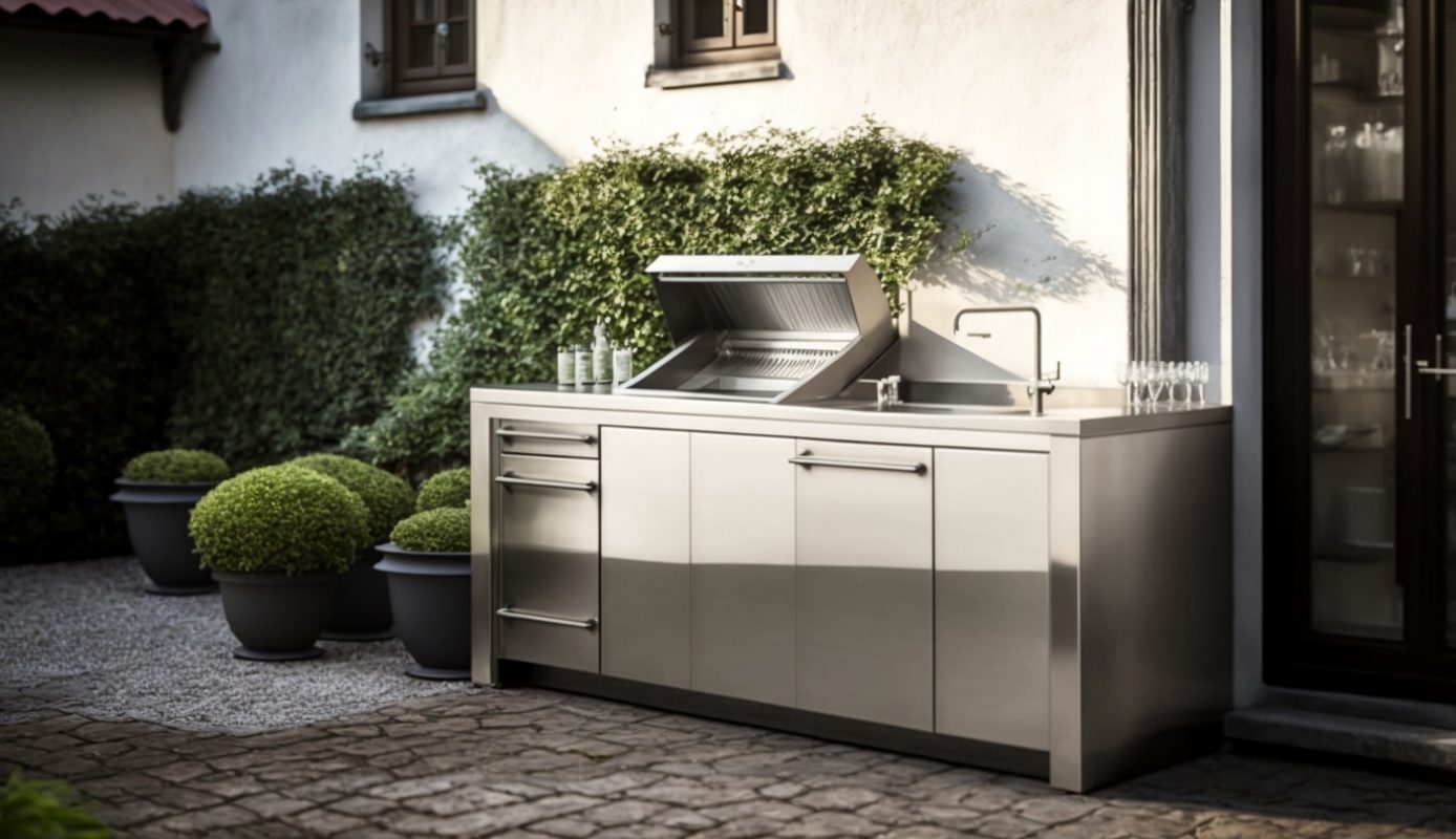Edelstahlarbeitsplatte einer Outdoor-Küche.