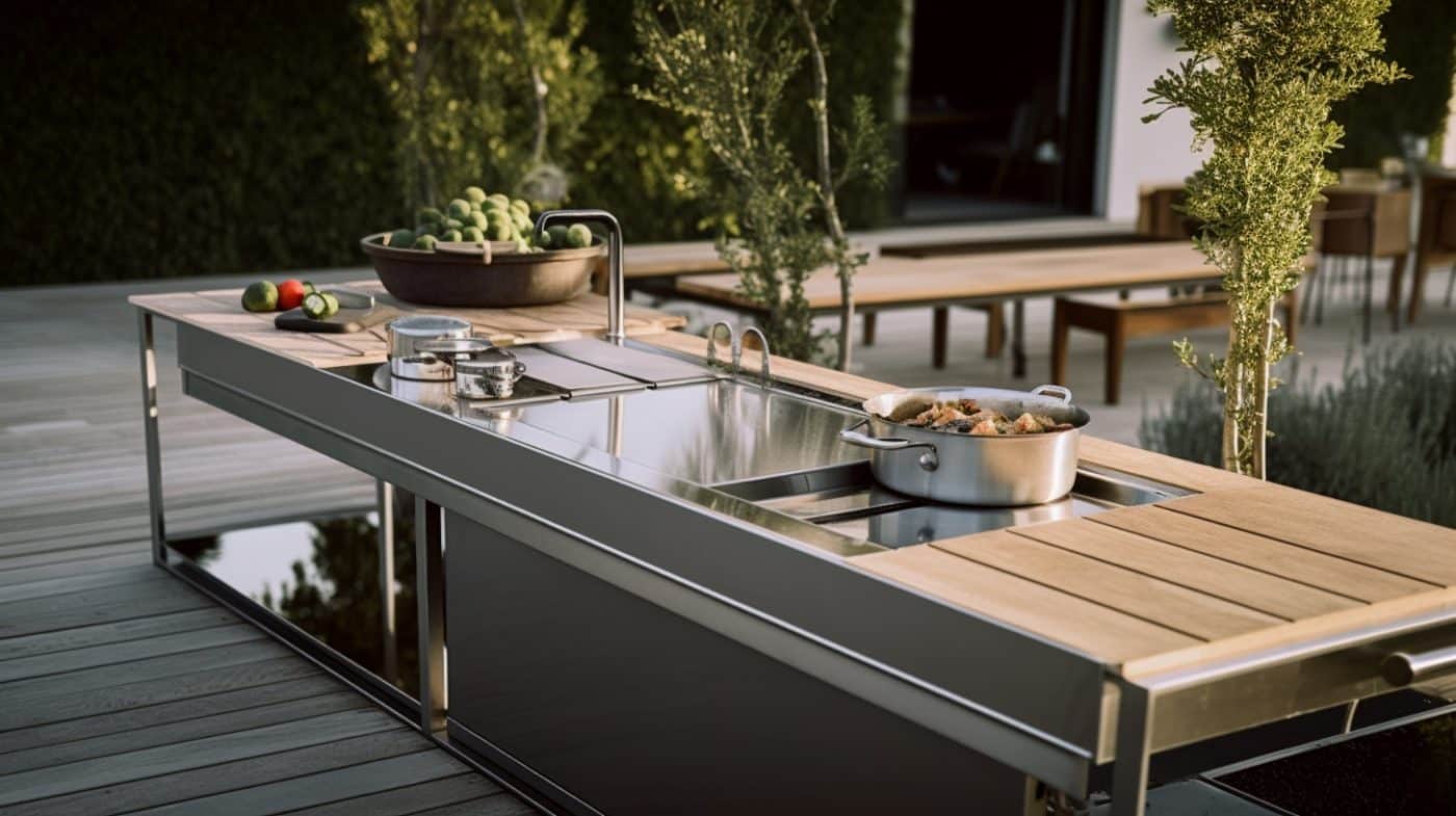 Edelstahlarbeitsplatte einer Outdoor-Küche