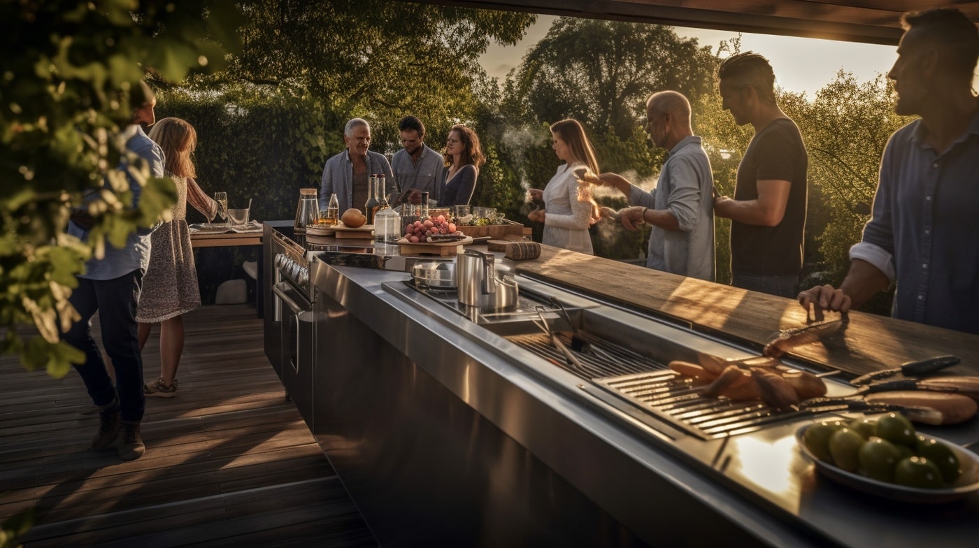 Edelstahlarbeitsplatte einer Outdoor-Küche.