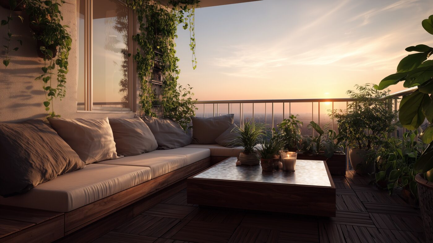 Gemütlicher Balkon mit Edelstahltisch, Holz und Pflanzen.
