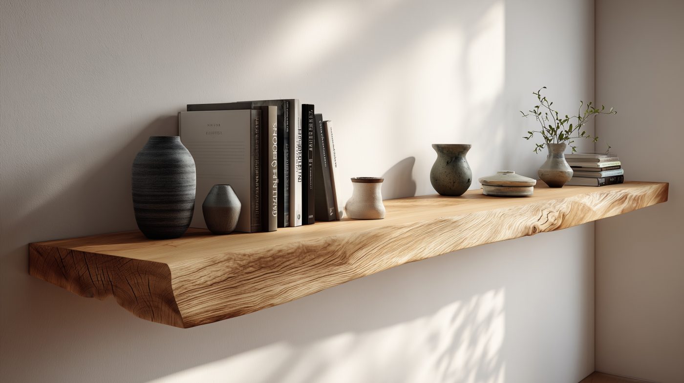 Wandregal aus massiver Eiche mit natürlicher Baumkante im Wohnzimmer. 