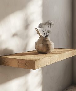 Ein Wandregal aus Eichenholz trägt eine kleine Vase.
