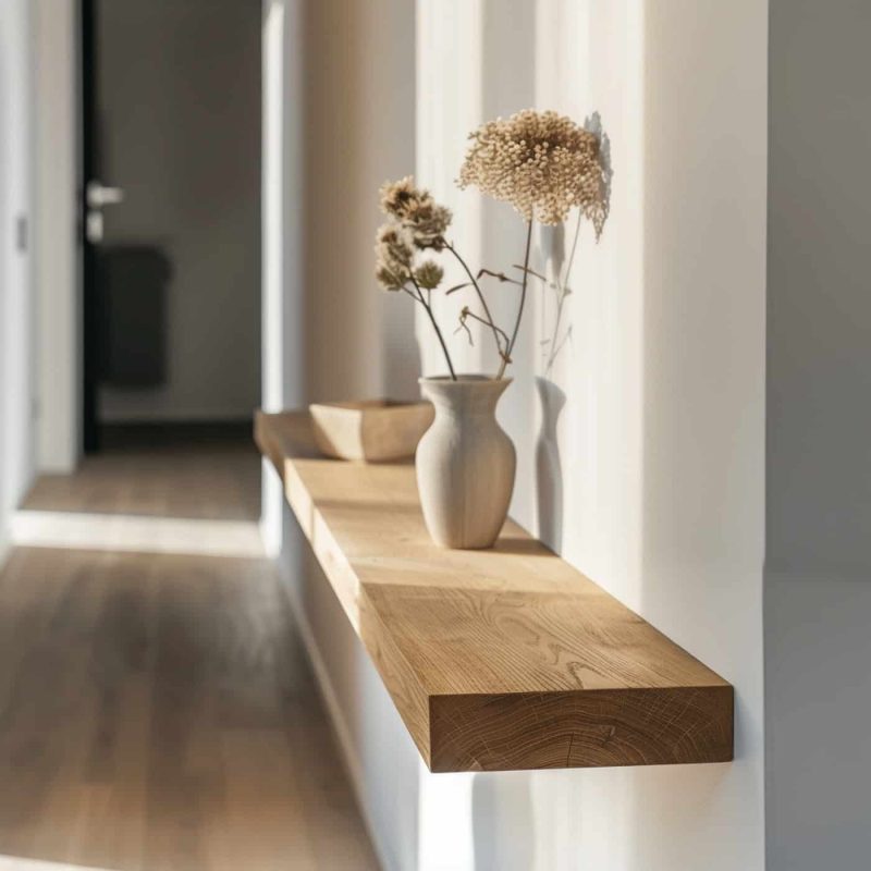 Eiche-Wandregal mit schlichter Vase und Dekoration in hellem Flur.