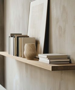 Ein langes Wandregal aus Eichenholz trägt Bücher und Dekoration vor einer hellen Wand.