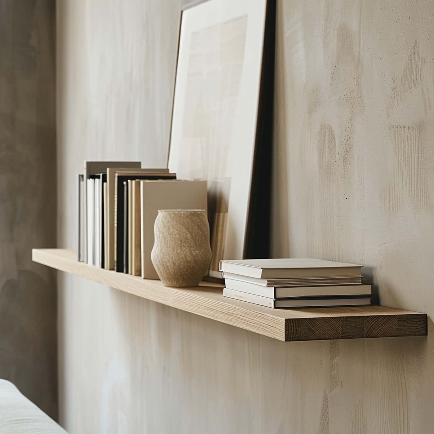 Ein langes Wandregal aus Eichenholz trägt Bücher und Dekoration vor einer hellen Wand.