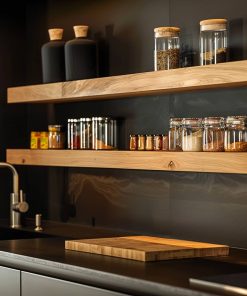 Zwei Holzregale aus Eiche tragen Gewürzgläser und Küchenutensilien über einer Arbeitsfläche.
