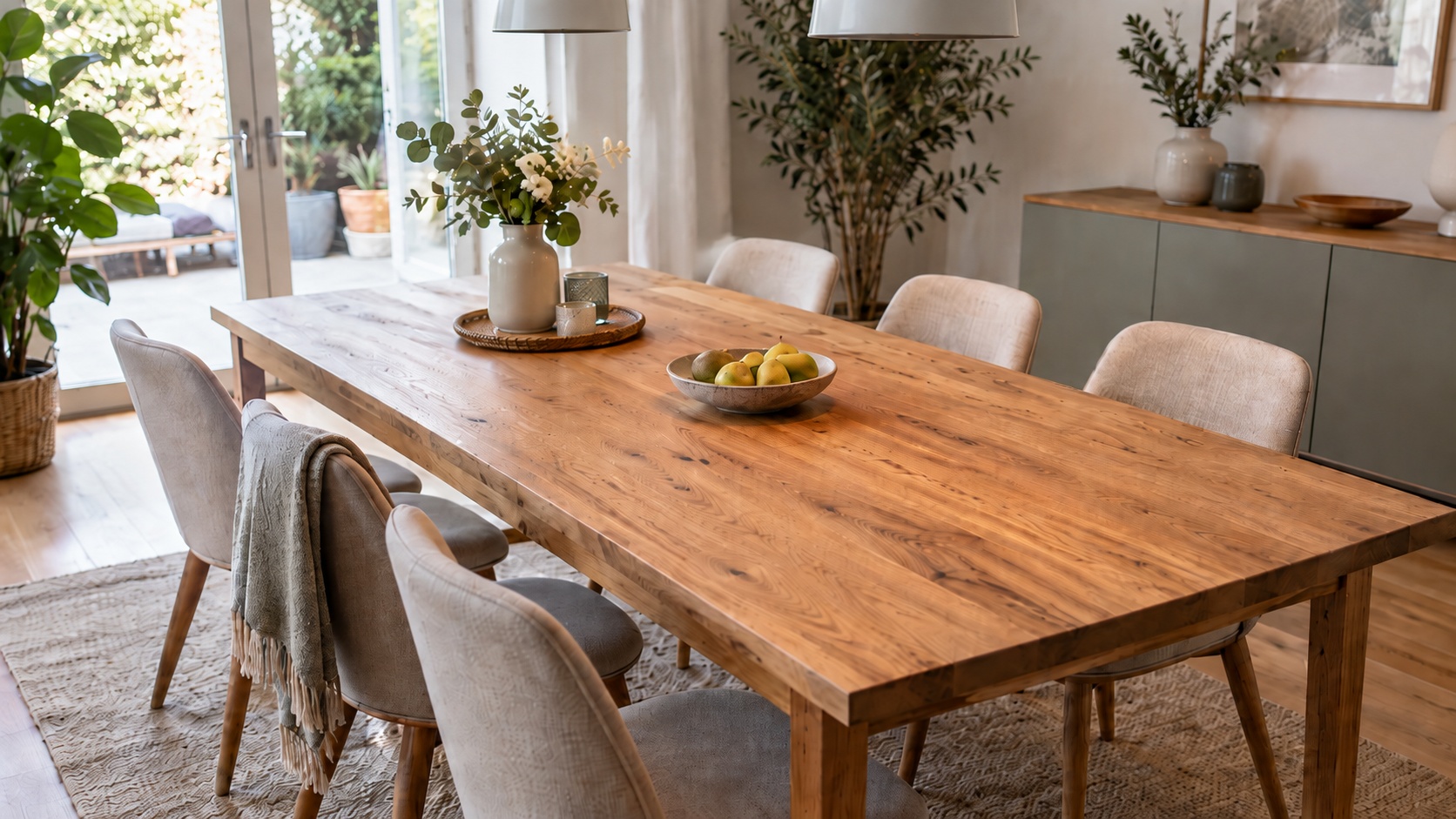 Eiche-Tischplatte mit Stühlen, Pflanzen, Vase und Obstschale in hellem Esszimmer.
