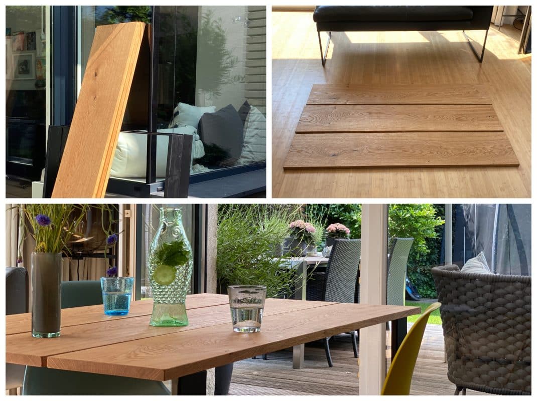 Eichenholzplatten im Innen- und Außenbereich für Tischbau vorbereitet.