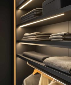 Modern beleuchteter Kleiderschrank mit dunklen Dekor-Einlegeböden und ordentlich gefalteten Handtüchern.