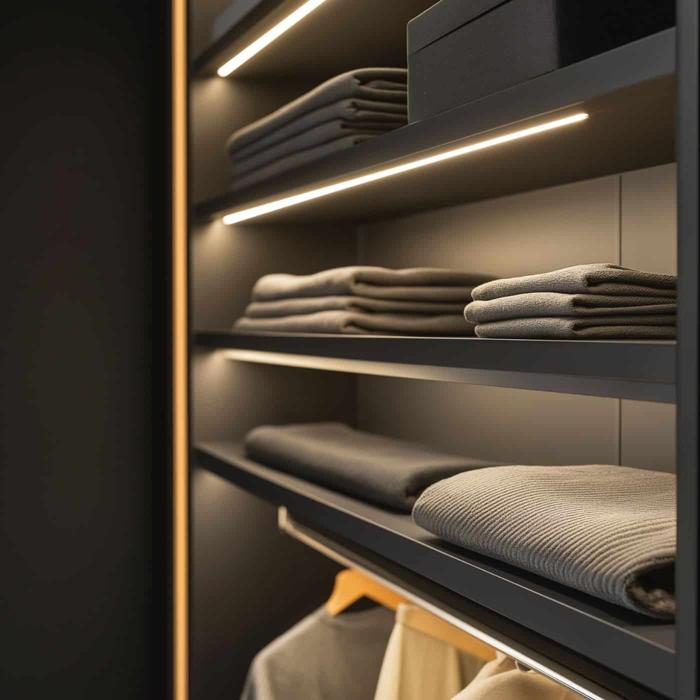 Modern beleuchteter Kleiderschrank mit dunklen Dekor-Einlegeböden und ordentlich gefalteten Handtüchern.