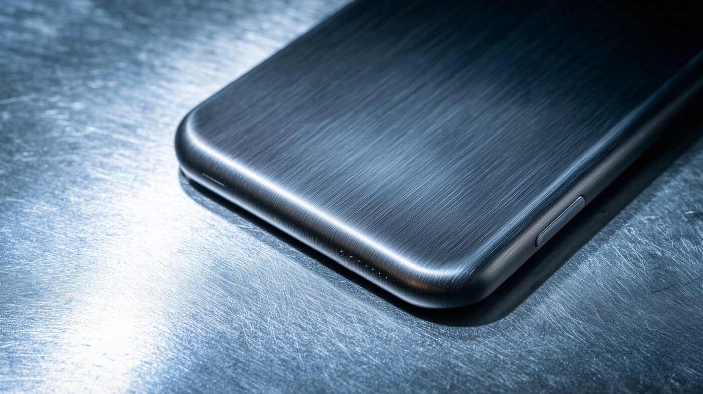 Eloxierte Smartphone-Hülle aus Aluminium mit gebürsteter Struktur.
