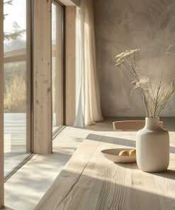 Ein Eschentisch steht im Sonnenlicht und trägt eine Vase mit Trockenblumen.