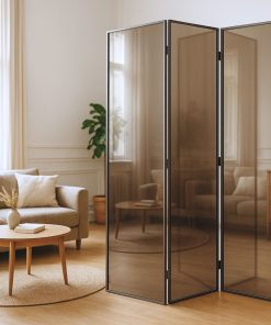 Raumteiler mit bronzefarbenem ESG-Glas in schwarzem Rahmen.