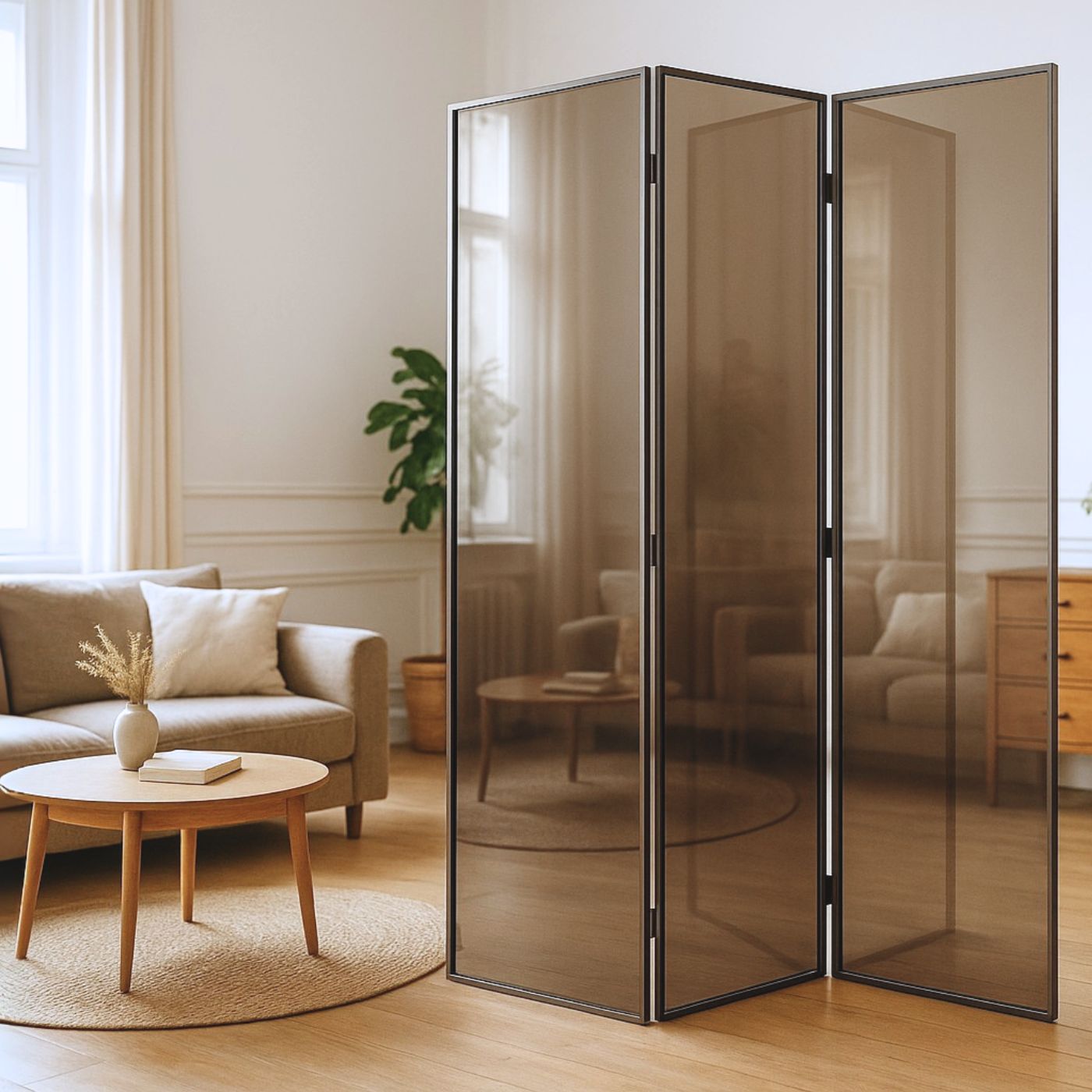 Raumteiler mit bronzefarbenem ESG-Glas in schwarzem Rahmen.