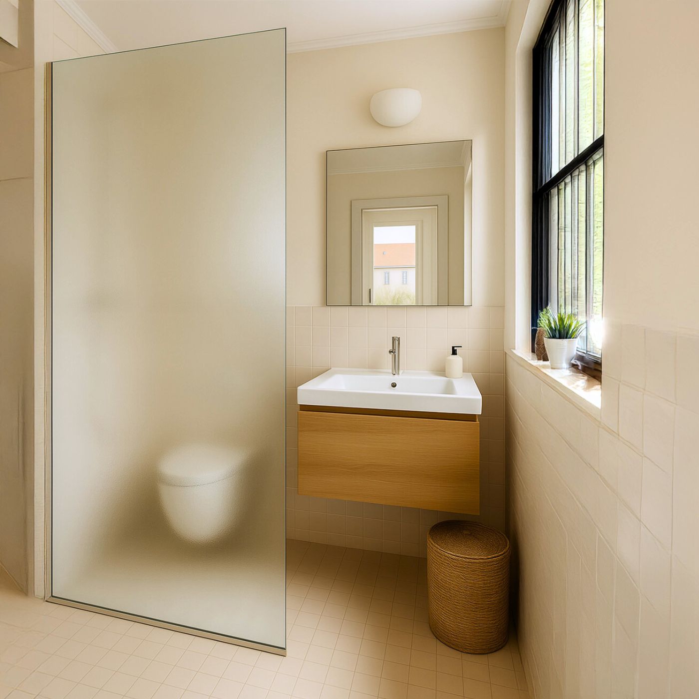 ESG-Duschwand aus satiniertem Glas im modernen Badezimmer.