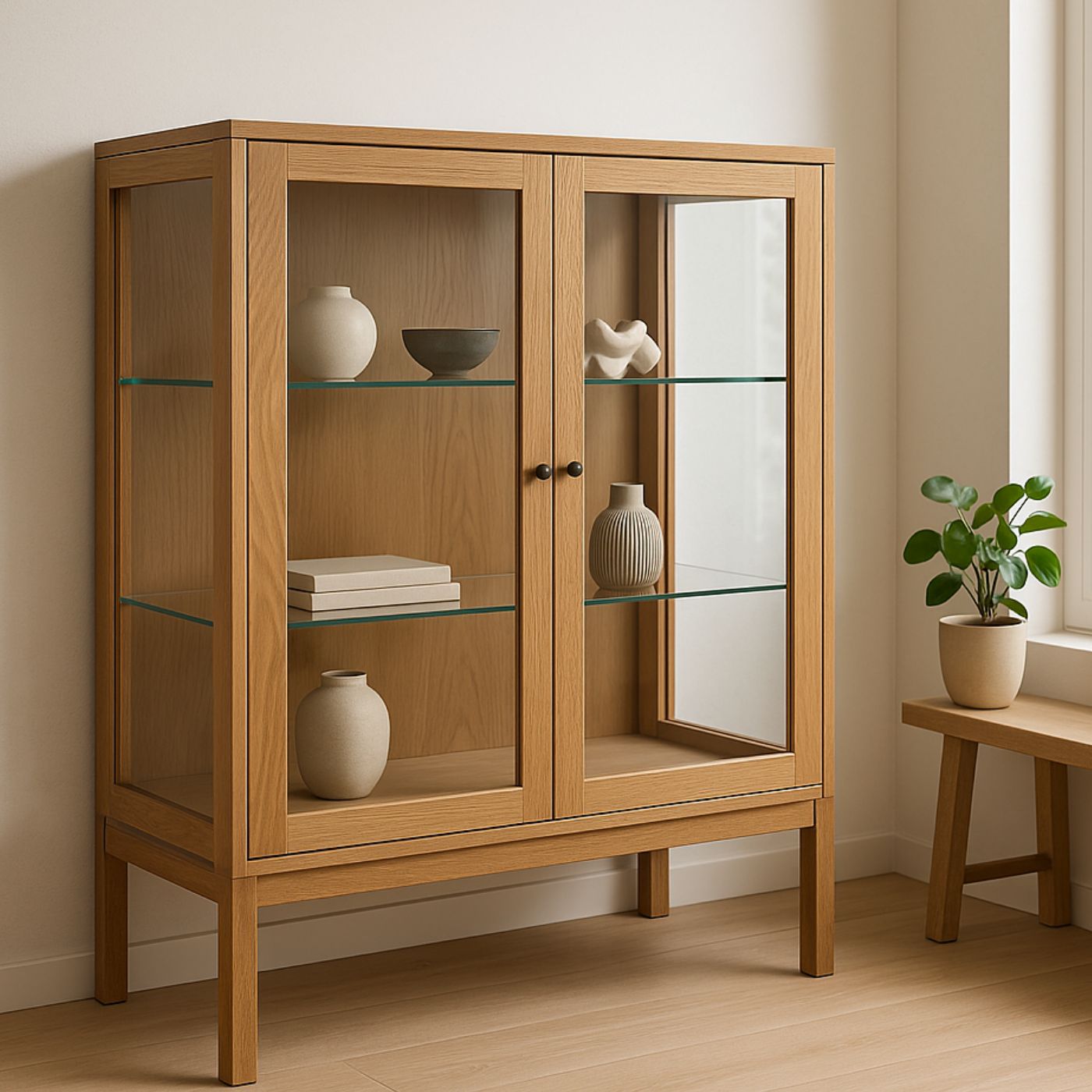 Vitrine mit Floatglas-Regalböden und Holzrahmen im Wohnzimmer.