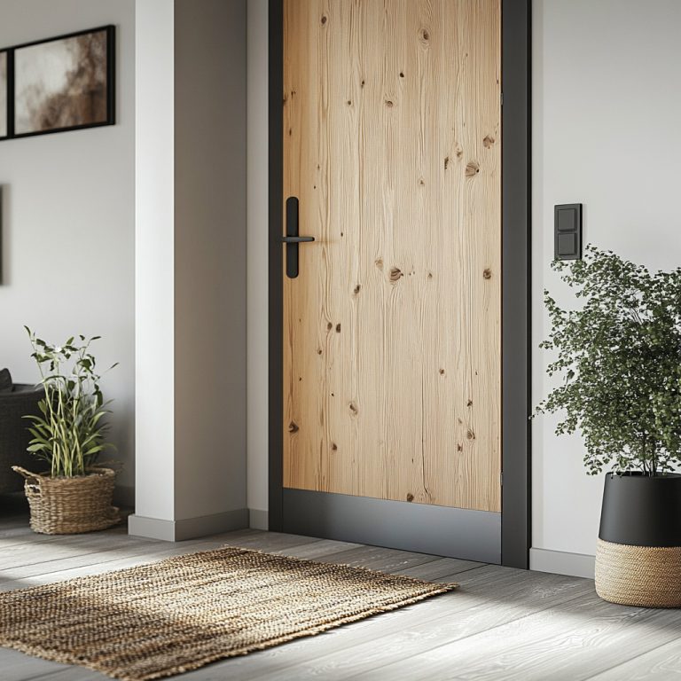 Schwarzes Türschutzblech aus Stahl, am unteren Bereich einer Tür angebracht, schützt vor Abnutzung und verleiht ein modernes Design.