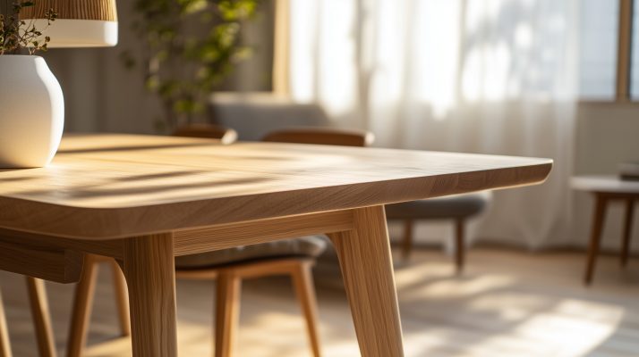 Moderner Holztisch mit gefaster Tischplatte im Wohnraum, elegante Linienführung.