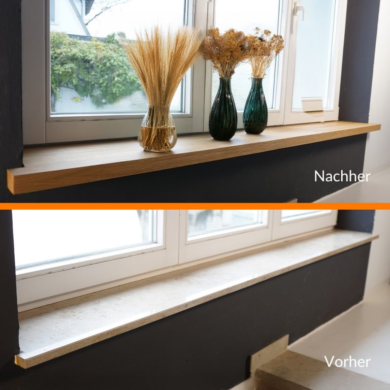Maßgefertigte Fensterbank aus massivem Eichenholz mit natürlicher Maserung, glatt gehobelt und besäumt - Vorher-Nachher-Vergleich.