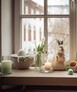 Eine liebevoll dekorierte Fensterbank präsentiert Kerzen, Figuren und frühlingshafte Elemente.