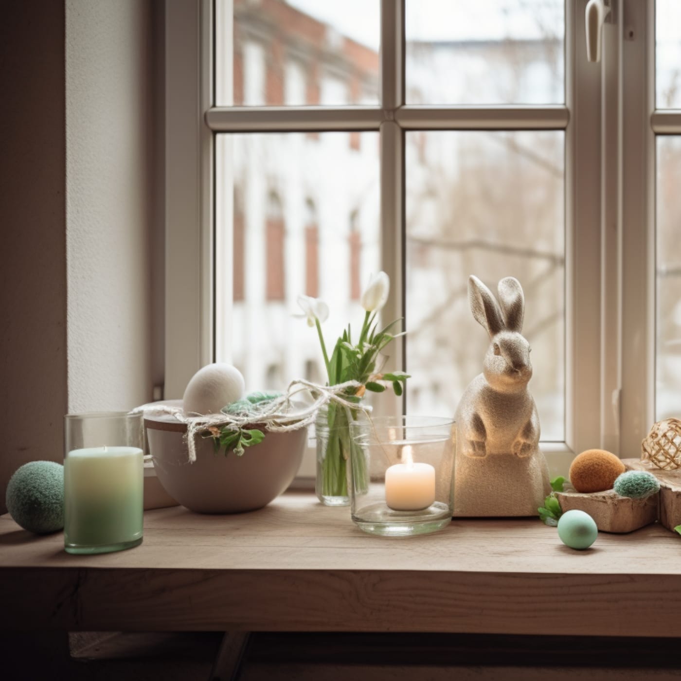 Eine liebevoll dekorierte Fensterbank präsentiert Kerzen, Figuren und frühlingshafte Elemente.