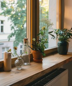 Glasvasen und Pflanzen stehen harmonisch arrangiert auf einer natürlichen Holzfensterbank.
