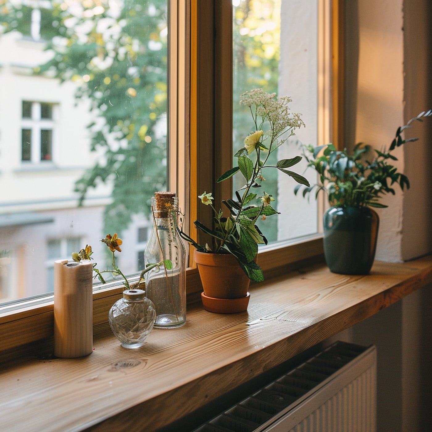 Glasvasen und Pflanzen stehen harmonisch arrangiert auf einer natürlichen Holzfensterbank.