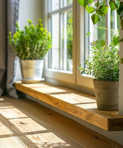 Mehrere Pflanzen stehen sonnig auf einer breiten warmen Holzfensterbank.
