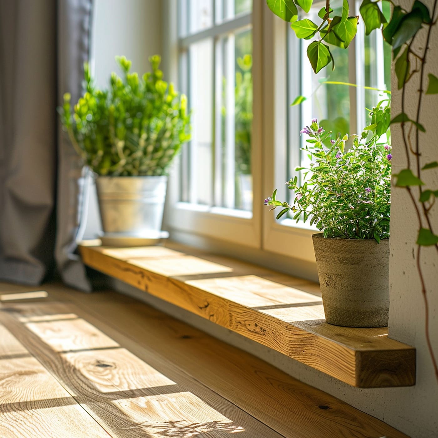 Mehrere Pflanzen stehen sonnig auf einer breiten warmen Holzfensterbank.