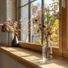 Eine herbstlich dekorierte Fensterbank präsentiert Blumen in schlichten Glasvasen.