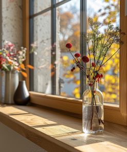 Eine herbstlich dekorierte Fensterbank präsentiert Blumen in schlichten Glasvasen.