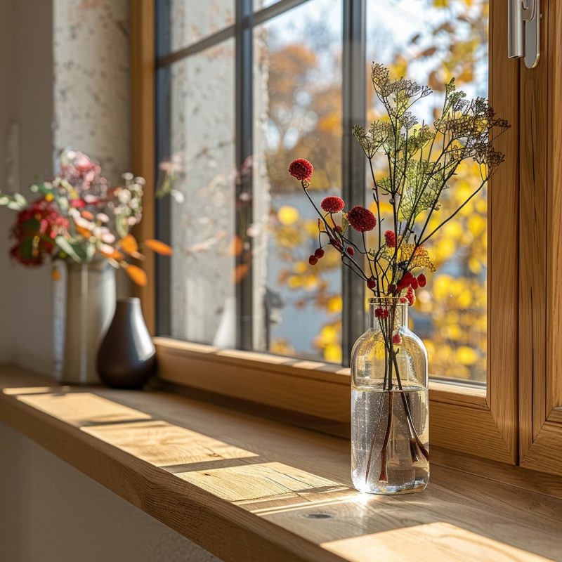 Eine herbstlich dekorierte Fensterbank präsentiert Blumen in schlichten Glasvasen.